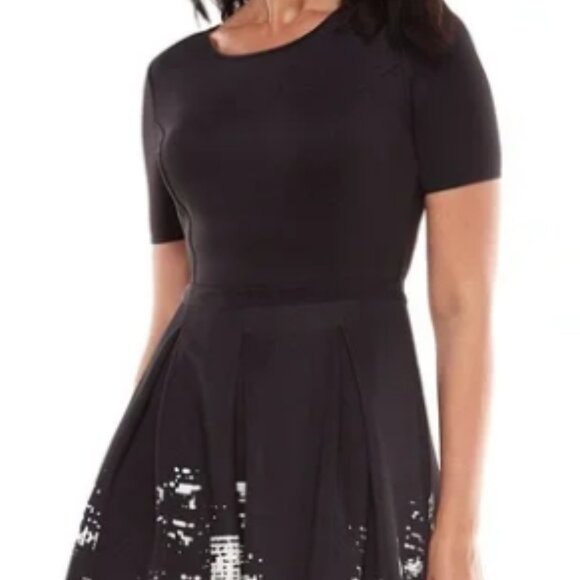 Elie Tahari CITY SCAPE Graphic Print Short Sleeve Dress Stretch 8 Black Whit - Picture 12 of 16